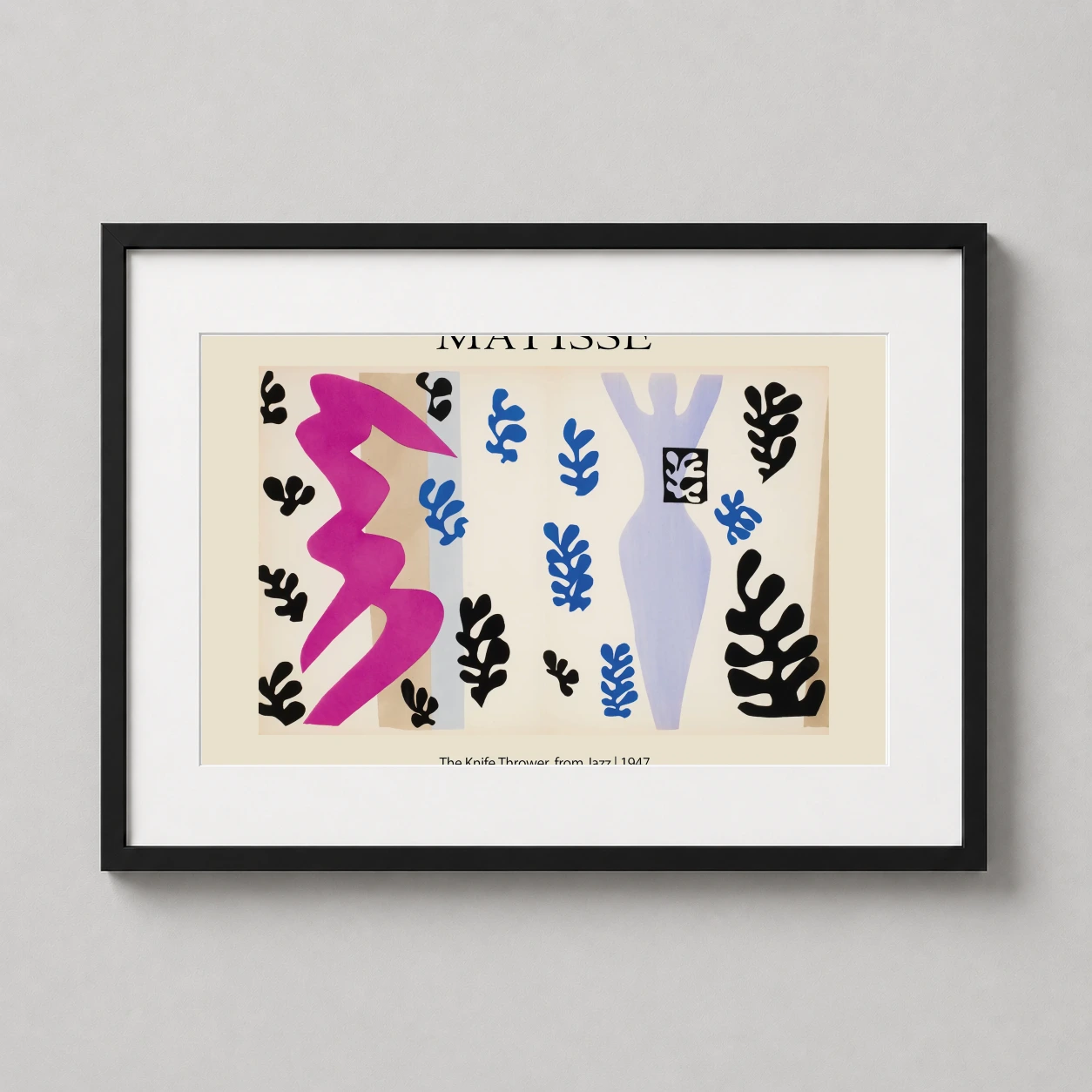 Room mockup of Henri Matisse The Knife Thrower Jazz 1947 Abstract Art Print, displayed as framed wall art in a living room setting as a landscape print with blue, purple, and cream tones.