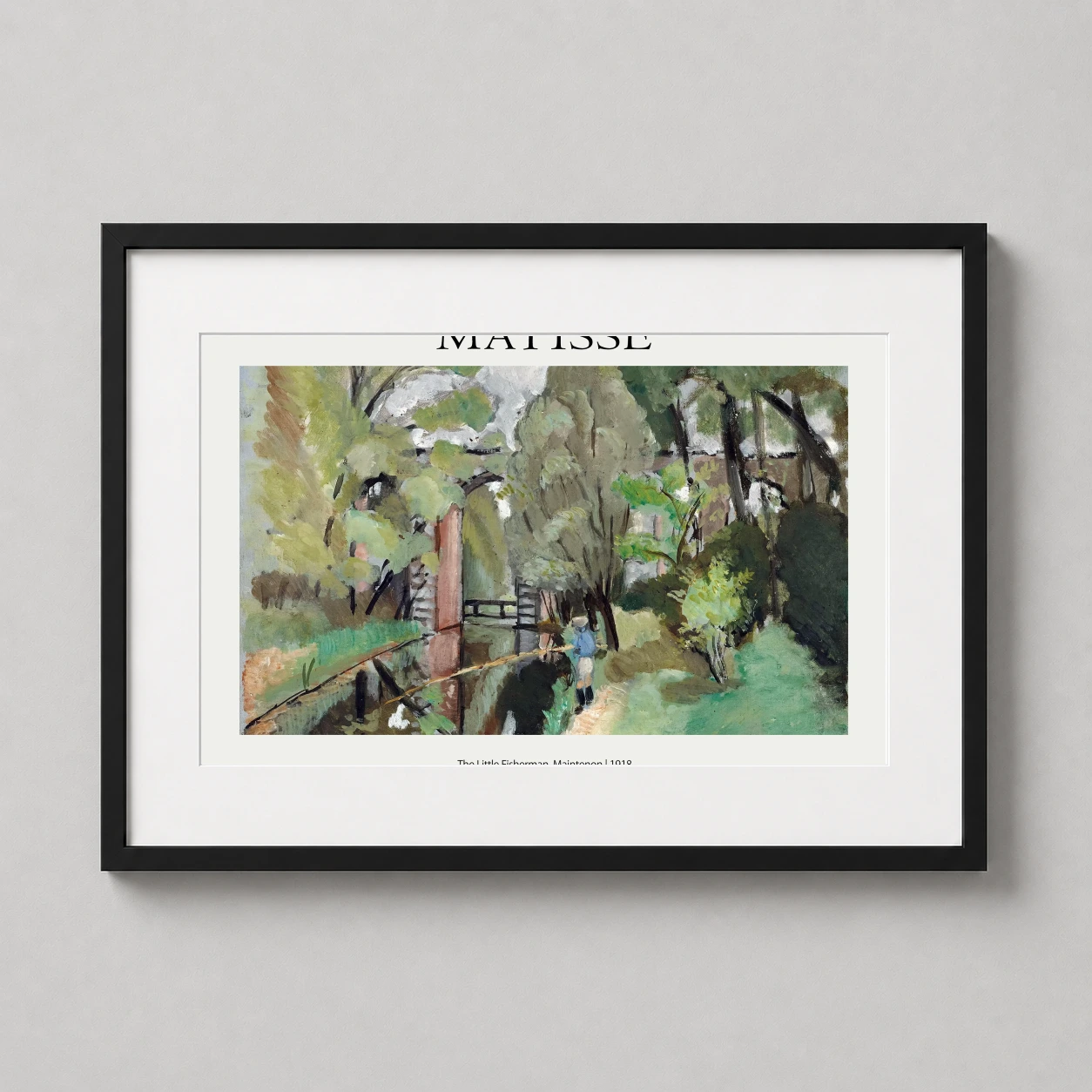 Room mockup of The Little Fisherman Maintenon, Henri Matisse Impressionist Art Print, displayed as framed wall art in a living room setting as a landscape print with green and yellow tones.