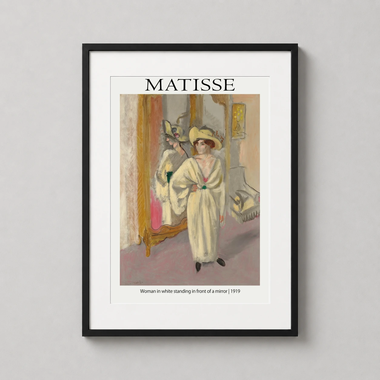 Henri Matisse Woman White — woman in a flowing white gown and broad-brimmed yellow hat stands