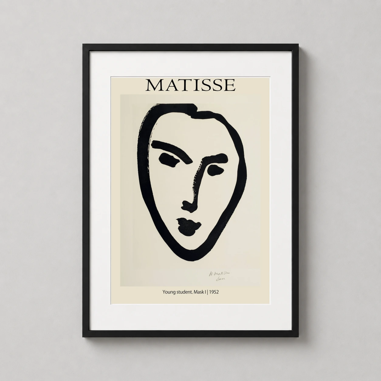 Room mockup of Matisse Young Student Mask I Art Print, Modern Minimalist Poster, displayed as framed wall art in a living room setting as a portrait print with cream and black tones.