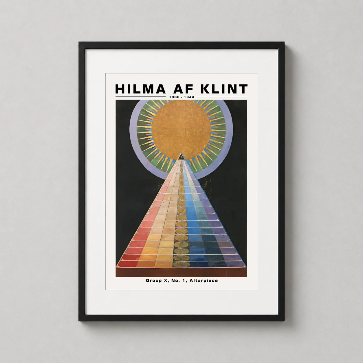 Room mockup of Hilma af Klint Group X No. 1 Altarpiece Abstract Art Print, displayed as framed wall art in a living room setting as a portrait print with gold tones.