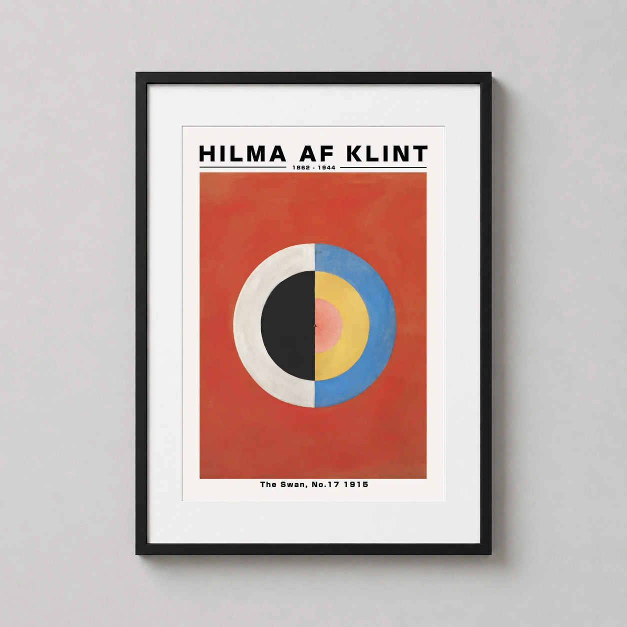 Room mockup of Hilma af Klint The Swan No. 17 1915 Swedish Abstract Art Print, displayed as framed wall art in a living room setting as a portrait print with blue, yellow, and pink tones.