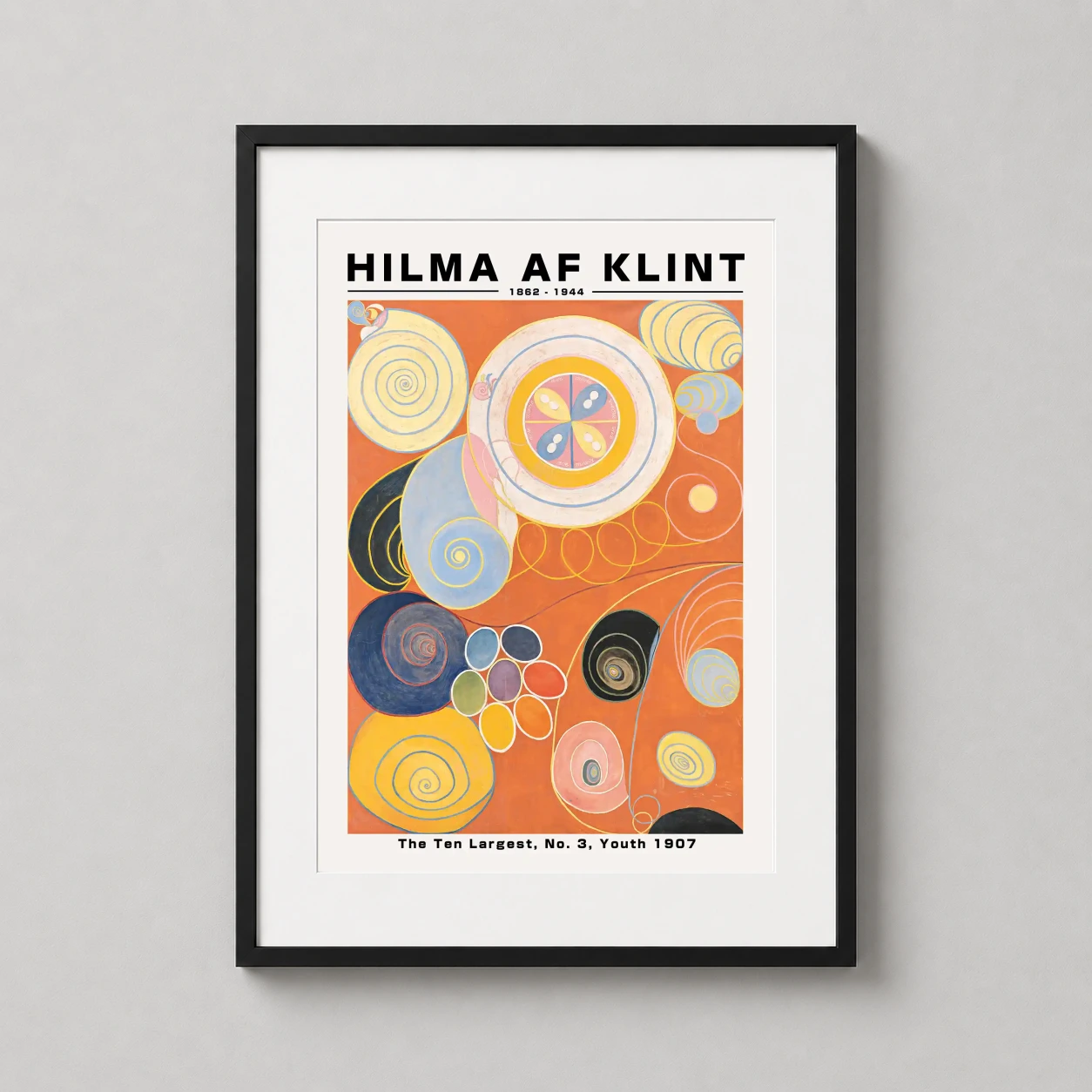 Room mockup of Hilma af Klint The Ten Largest No. 3 Youth Abstract Art Print, displayed as framed wall art in a living room setting as a portrait print with blue and orange tones.