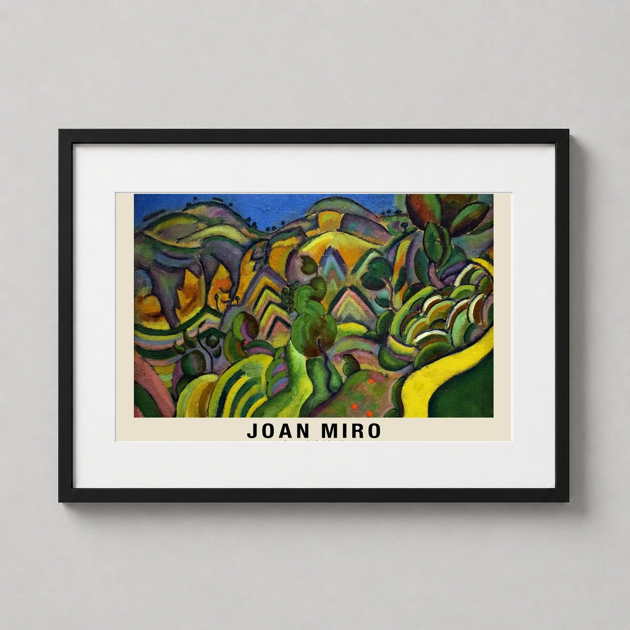 Room mockup of Joan Miro Ciurana the Path 1917 Abstract Landscape Art Print, displayed as framed wall art in a living room setting as a landscape print with yellow tones.