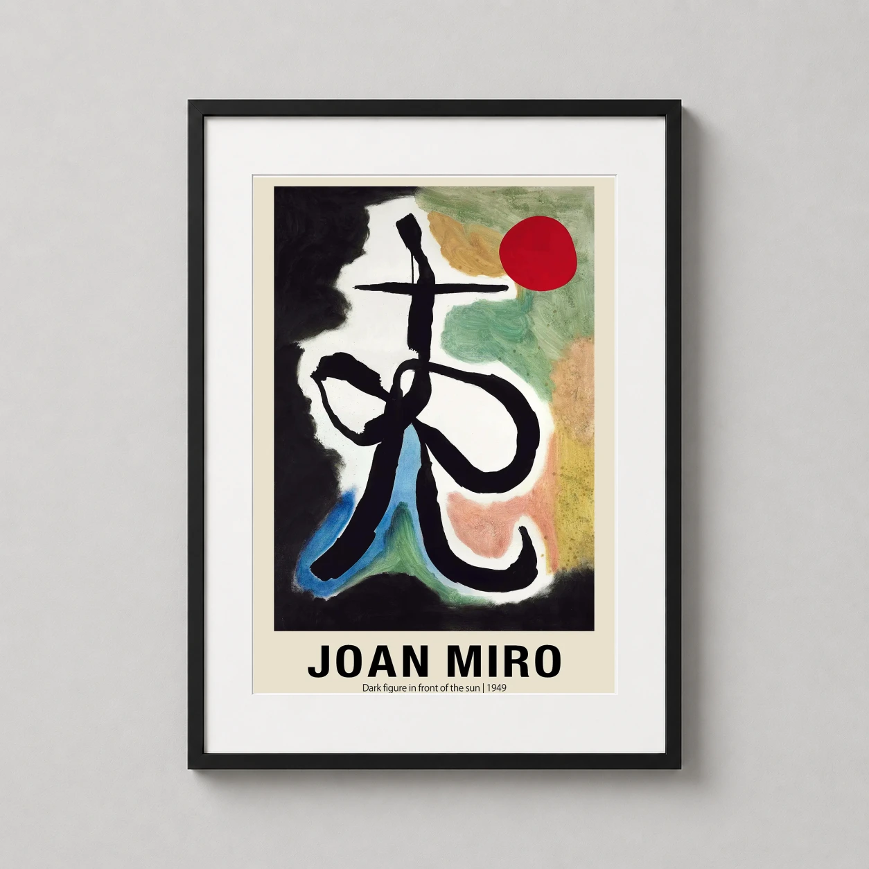 Room mockup of Joan Miro Dark Figure in Front of the Sun 1949 Art Print, displayed as framed wall art in a living room setting as a portrait print with blue, green, and red tones.