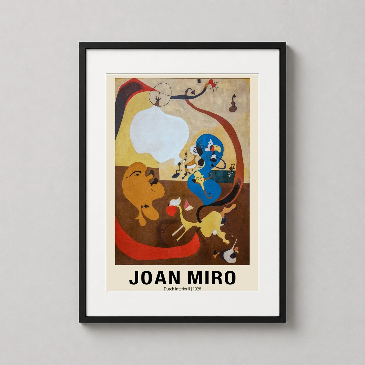 Room mockup of Dutch Interior II by Joan Miro Surrealist Exhibition Art Print, displayed as framed wall art in a living room setting as a portrait print with blue tones.