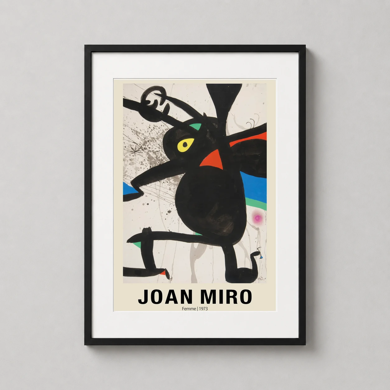 Room mockup of Joan Miró Femme 1973 Abstract Surrealist Exhibition Art Print, displayed as framed wall art in a living room setting as a portrait print with blue, cream, and black tones.
