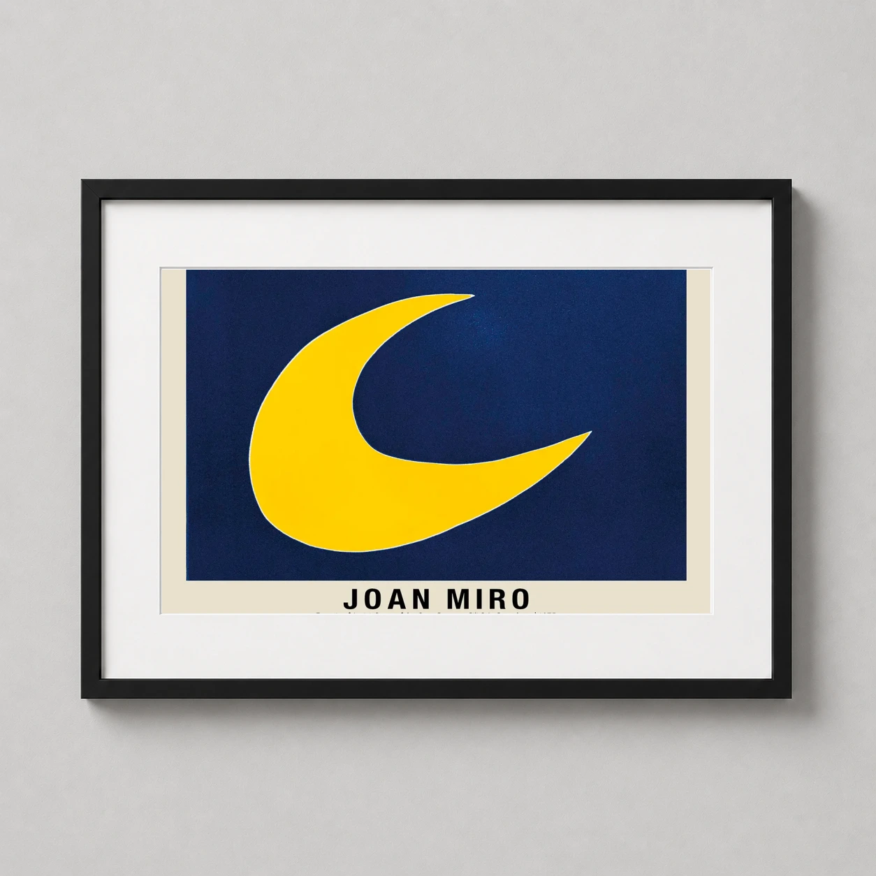 Room mockup of Joan Miro Song of the Sun, 1975 Barcelona Exhibition Art Print, displayed as framed wall art in a living room setting as a landscape print with blue and yellow tones.