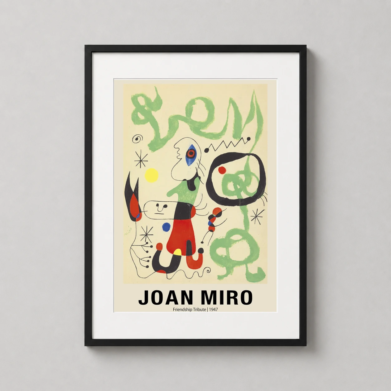 Room mockup of Joan Miro Friendship Tribute 1947 Abstract Art Print, displayed as framed wall art in a living room setting as a portrait print with green and black tones.