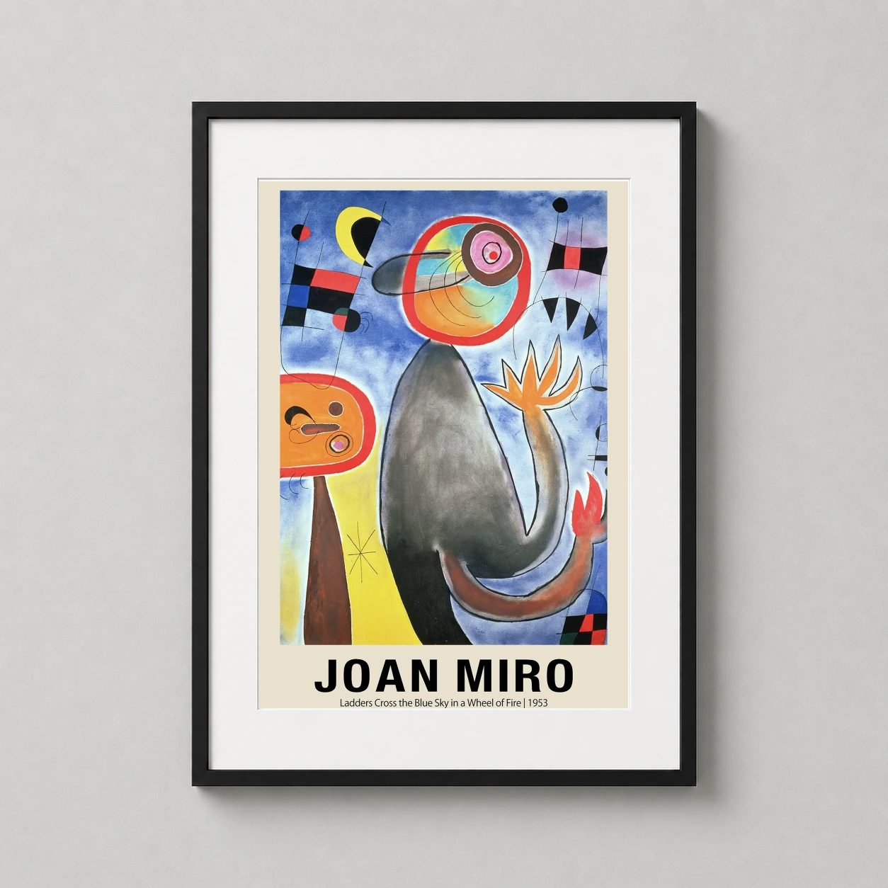 Room mockup of Joan Miro, Ladders Cross the Blue Sky 1953 Abstract Art Print, displayed as framed wall art in a living room setting as a portrait print with blue tones.