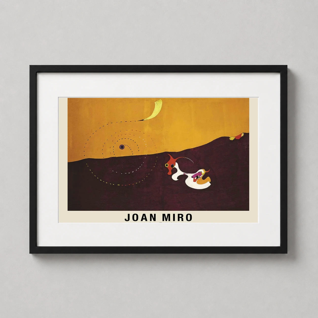 Room mockup of Joan Miro Landscape The Hare 1927 Surrealist Abstract Art Print, displayed as framed wall art in a living room setting as a landscape print with yellow and white tones.