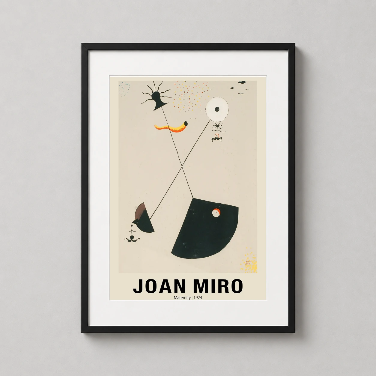 Room mockup of Joan Miro Maternity 1924 Abstract Surrealist Wall Art Print, displayed as framed wall art in a living room setting as a portrait print with beige and black tones.