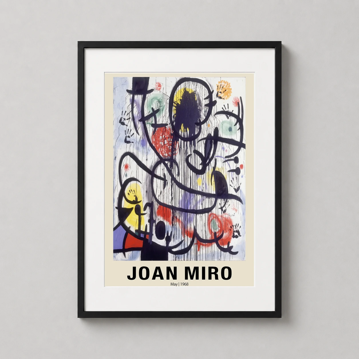 Room mockup of Joan Miro May 1968 Abstract, Surrealist Wall Art Print, displayed as framed wall art in a living room setting as a portrait print with black tones.