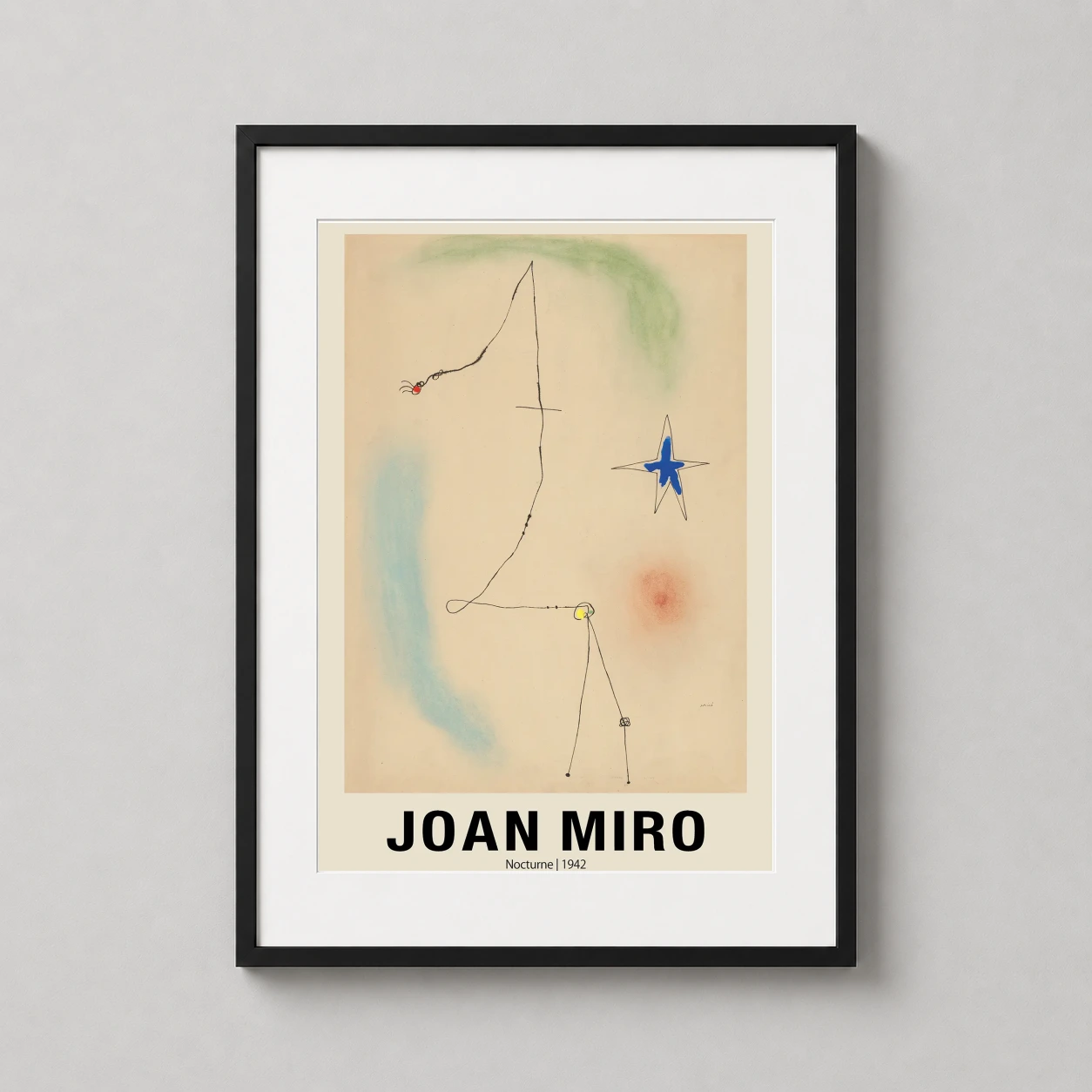 Room mockup of Joan Miró Nocturne 1942 Abstract Surrealist Art Print, displayed as framed wall art in a living room setting as a portrait print with blue, green, and red tones.