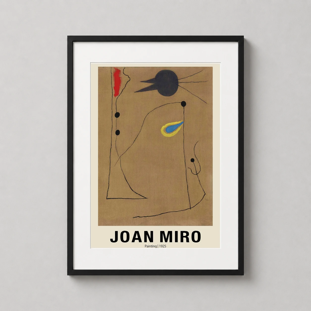 Room mockup of Joan Miro Painting 1925 Abstract Surrealist Art Print, displayed as framed wall art in a living room setting as a portrait print with blue, red, and black tones.