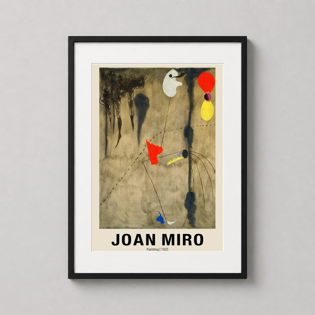 Room mockup of Joan Miro Painting 1925 Surrealist Abstract Exhibition Art Print, displayed as framed wall art in a living room setting as a portrait print with blue and white tones.