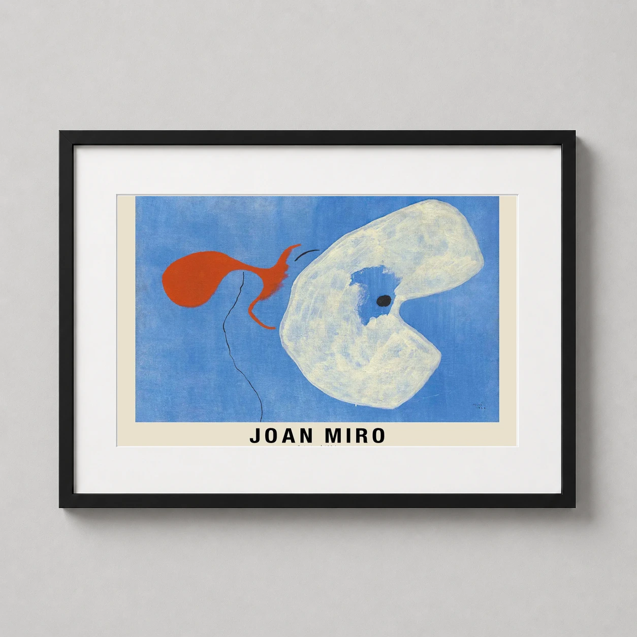 Room mockup of Joan Miro Painting 1926 Art Print, Surrealist Abstract Decor, displayed as framed wall art in a living room setting as a landscape print with blue, orange, and white tones.