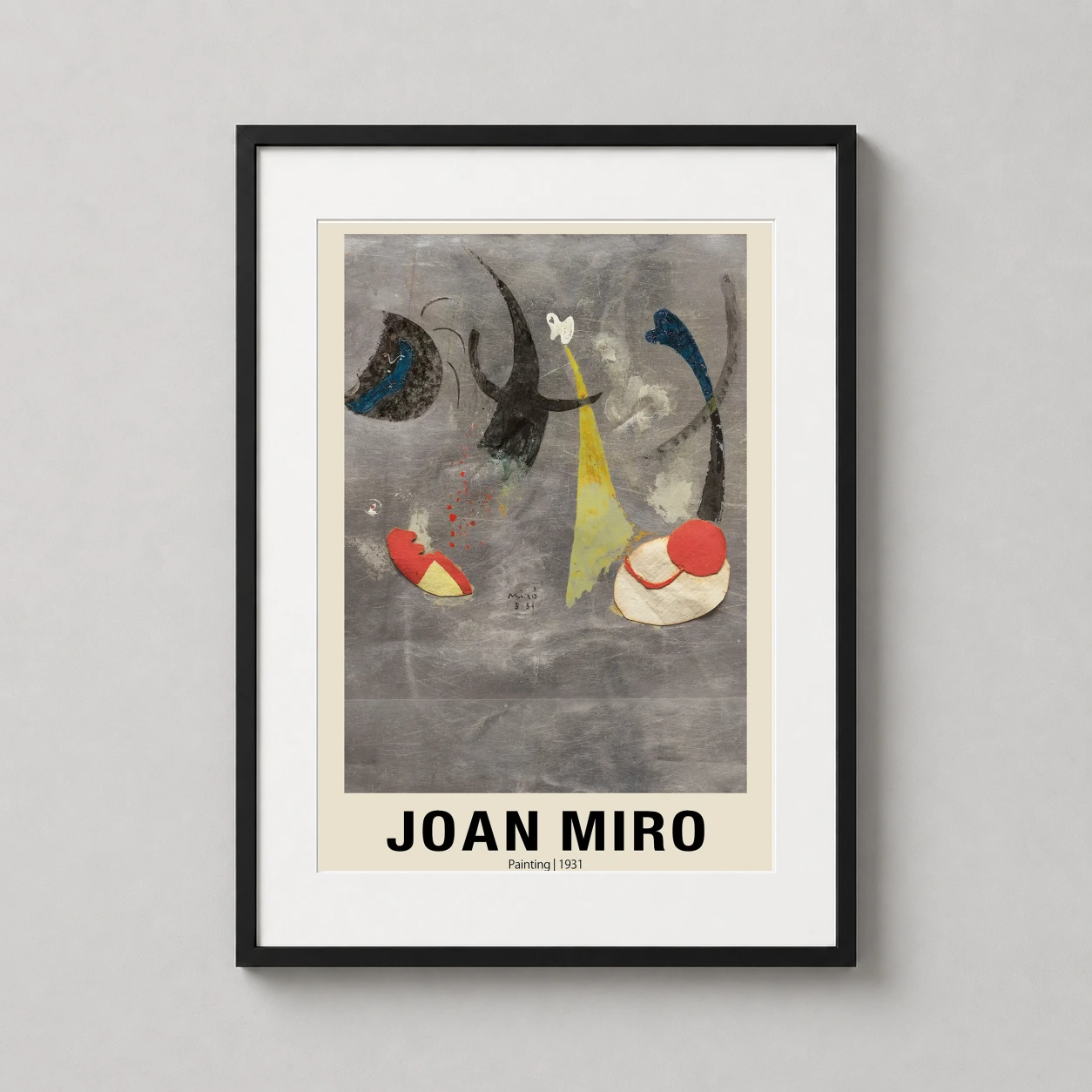 Room mockup of Joan Miro Painting 1931 Surrealist Exhibition Poster Art Print, displayed as framed wall art in a living room setting as a portrait print with yellow, red, and grey tones.