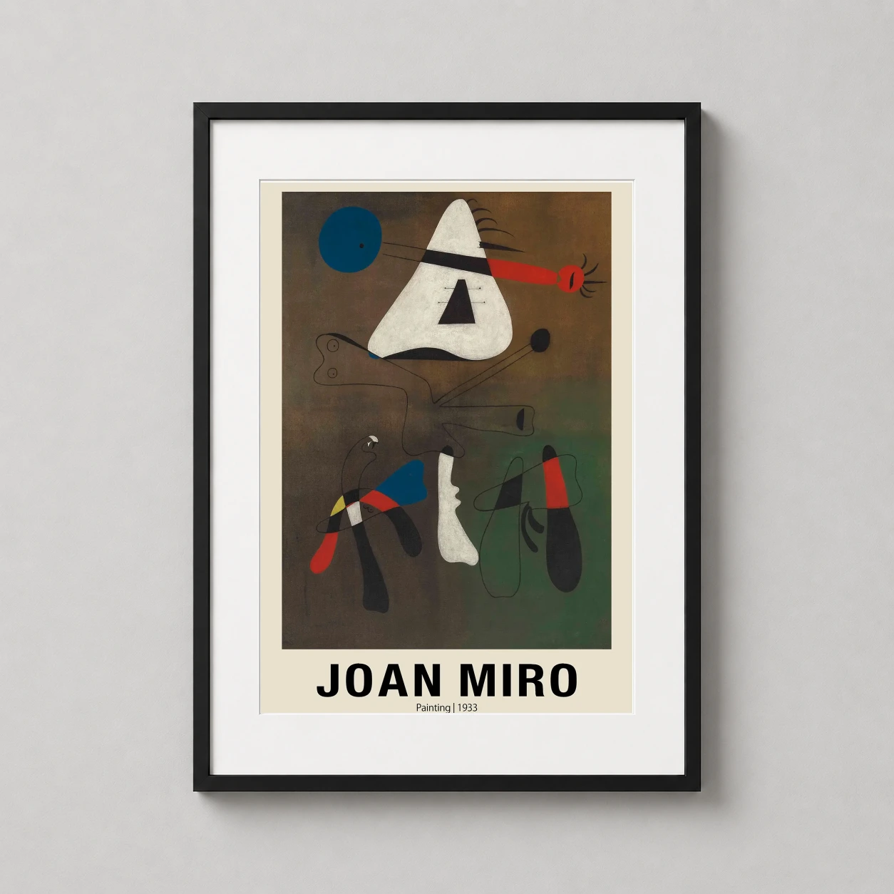 Room mockup of Joan Miro Painting 1933 Surrealist Exhibition Modern Art Print, displayed as framed wall art in a living room setting as a portrait print with blue and red tones.