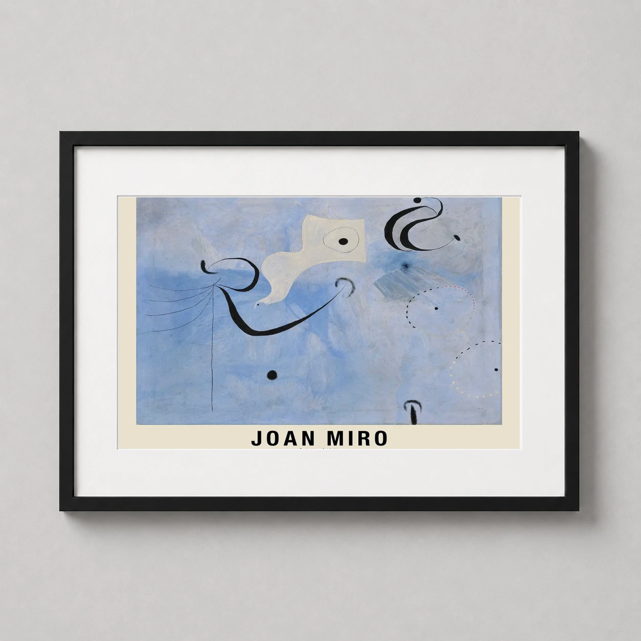 Room mockup of Joan Miro Painting 1964, Abstract Surrealist Wall Art Print, displayed as framed wall art in a living room setting as a landscape print with blue, grey, and black tones.