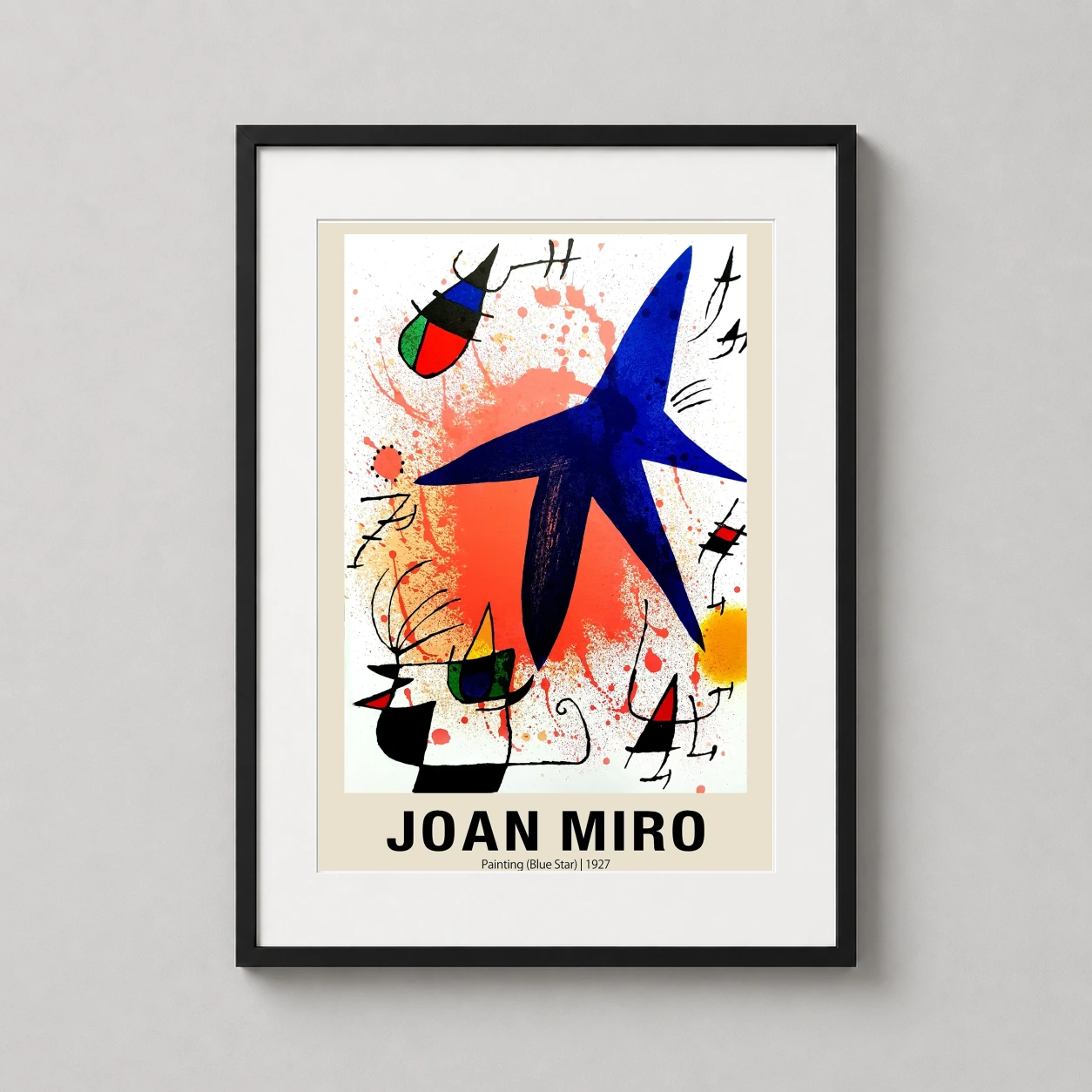 Room mockup of Joan Miro Blue Star 1927 Abstract Surrealist Art Print Decor, displayed as framed wall art in a living room setting as a portrait print with blue, orange, and black tones.