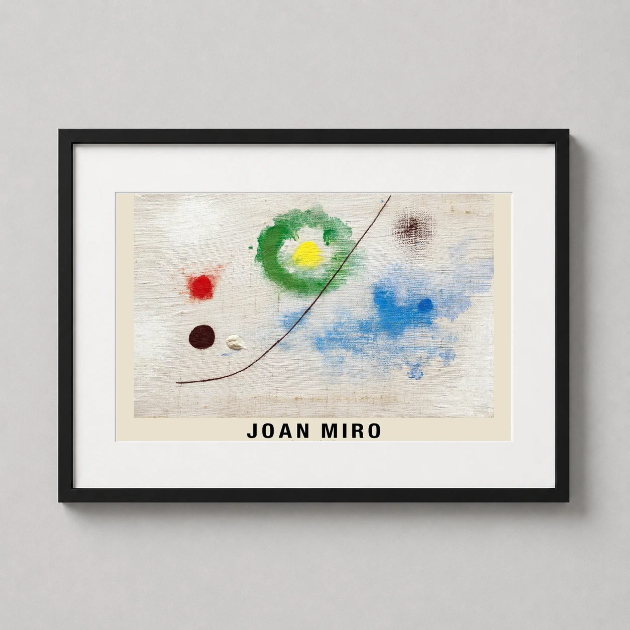 Room mockup of Joan Miro Painting VI 1965 Abstract Surrealist Art Print, displayed as framed wall art in a living room setting as a landscape print with blue, cream, and black tones.