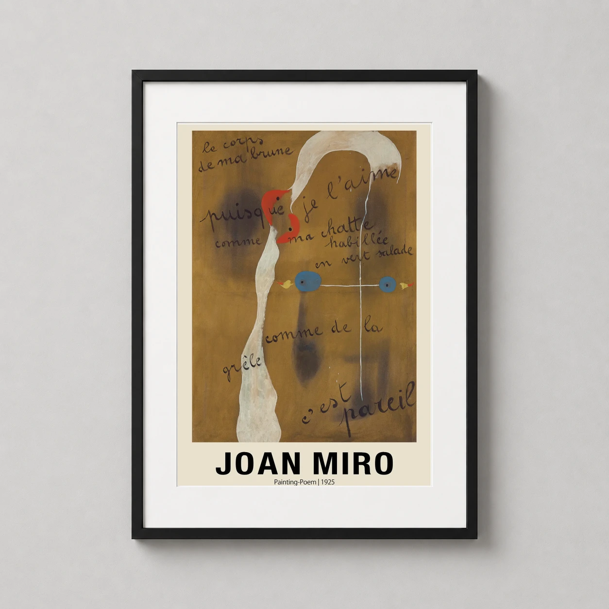 Room mockup of Joan Miró Painting-Poem 1925 Abstract Surrealist Art Print, displayed as framed wall art in a living room setting as a portrait print with blue, red, and brown tones.