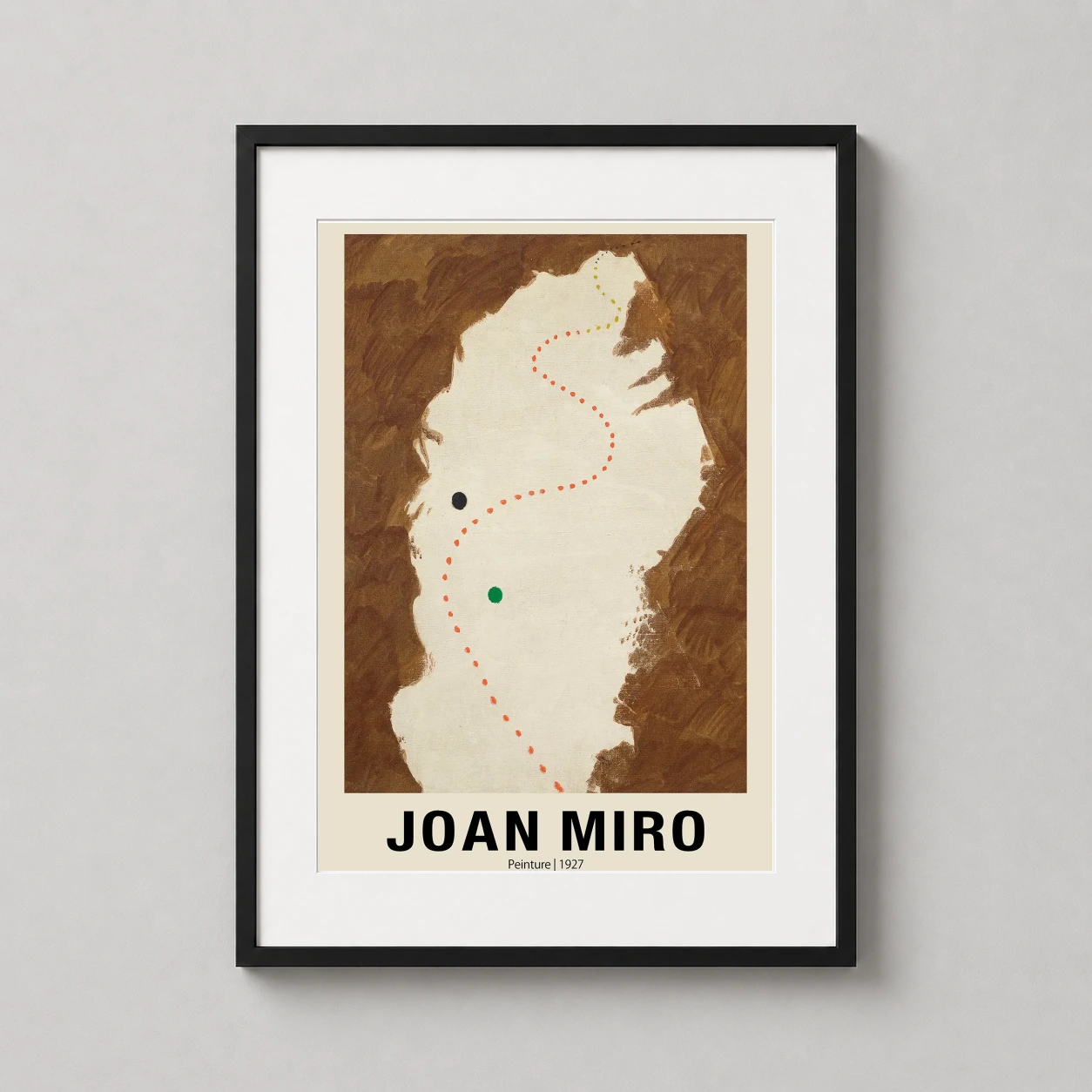 Room mockup of Joan Miro Peinture 1927 Abstract Surrealist Art Print, displayed as framed wall art in a living room setting as a portrait print with green, yellow, and brown tones.