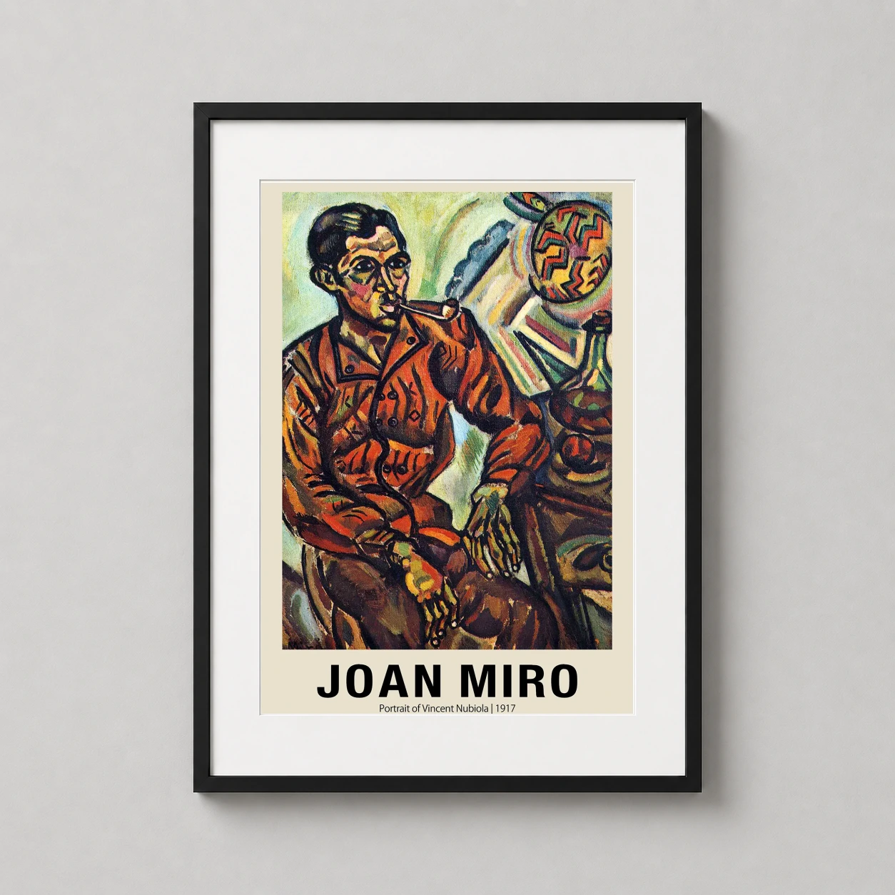 Room mockup of Joan Miro Portrait of Vincent Nubiola 1917 Expressionist Art Print, displayed as framed wall art in a living room setting as a portrait print with green and red tones.