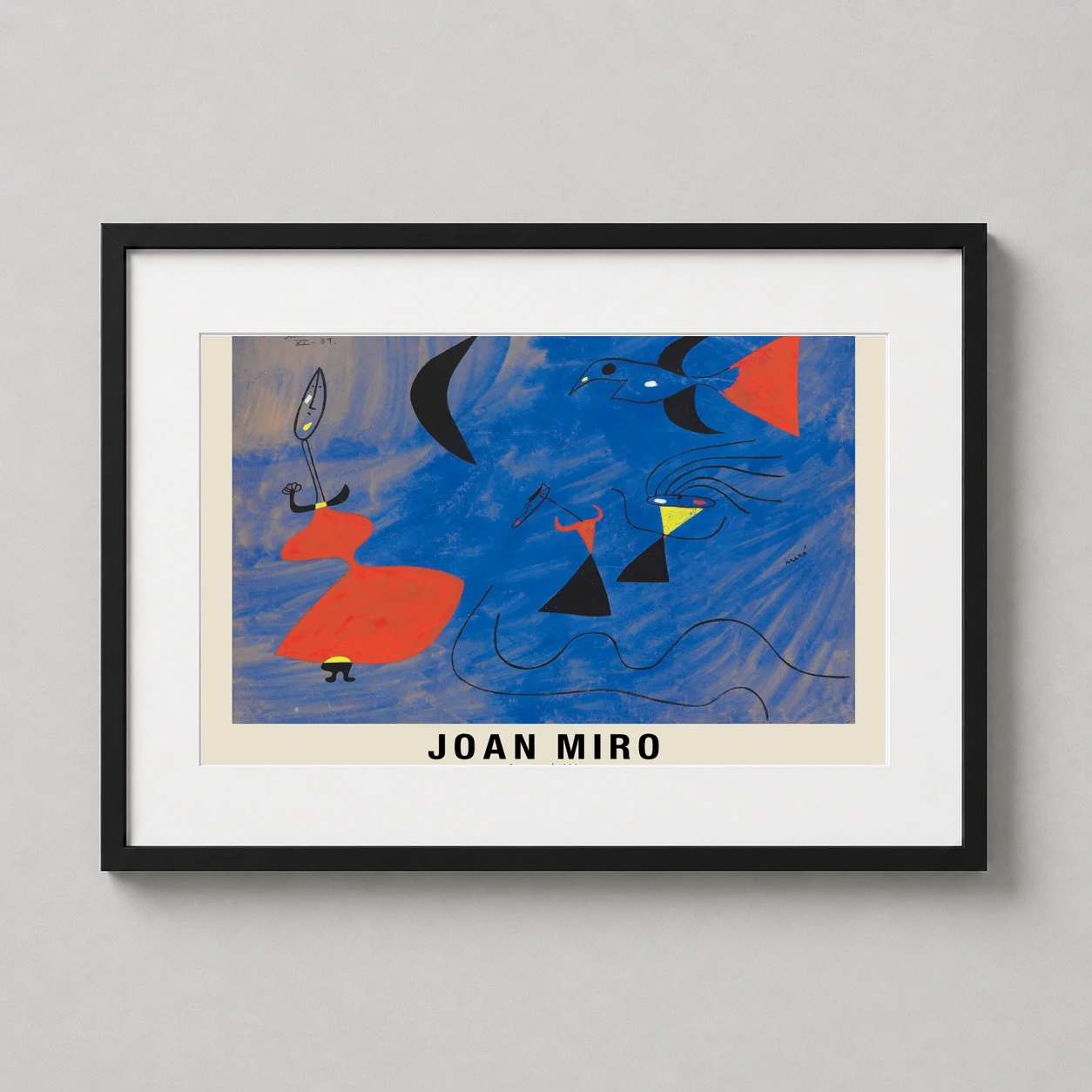 Room mockup of Joan Miró Sans Titre 1939 Surrealist Abstract Modern Art Print, displayed as framed wall art in a living room setting as a landscape print with blue tones.