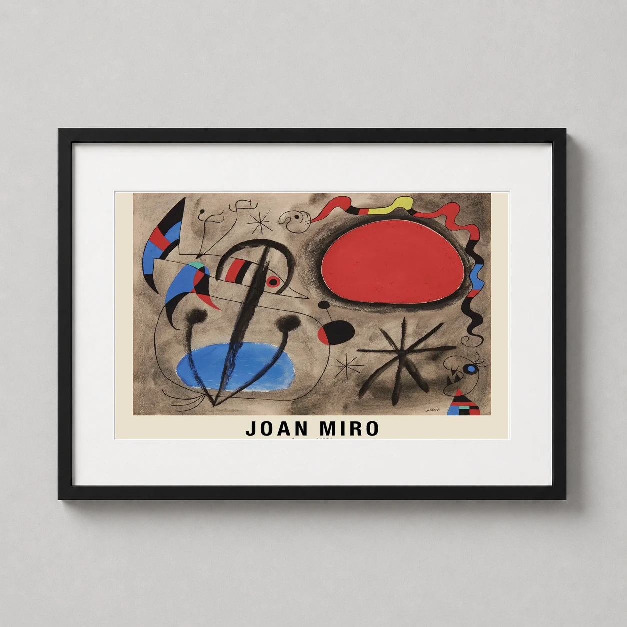 Room mockup of Joan Miro Sans Titre 1954 Exhibition Poster, Surrealist Art Print, displayed as framed wall art in a living room setting as a landscape print with blue, yellow, and red tones.
