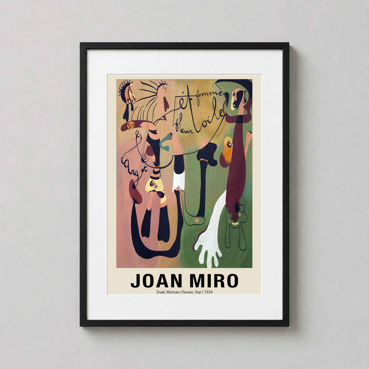Room mockup of Joan Miro Snail, Woman, Flower, Star 1934 Surrealist Art Print, displayed as framed wall art in a bedroom setting as a portrait print with green and yellow tones.