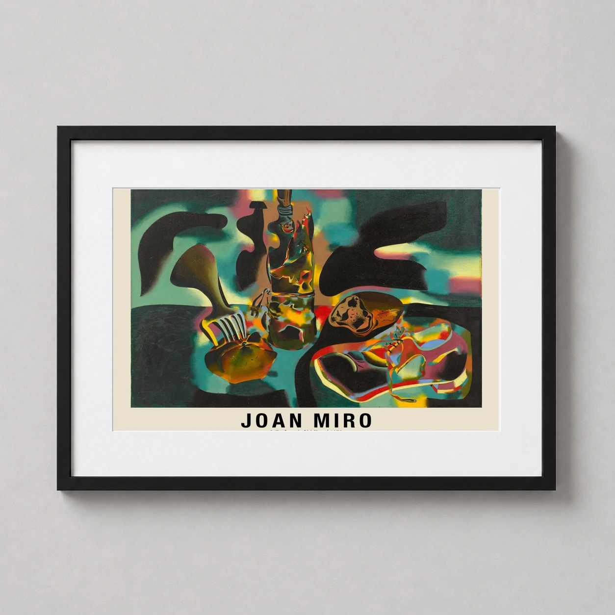 Room mockup of Joan Miro Still Life with Old Shoe Exhibition Art Print, displayed as framed wall art in a kitchen setting as a landscape print.