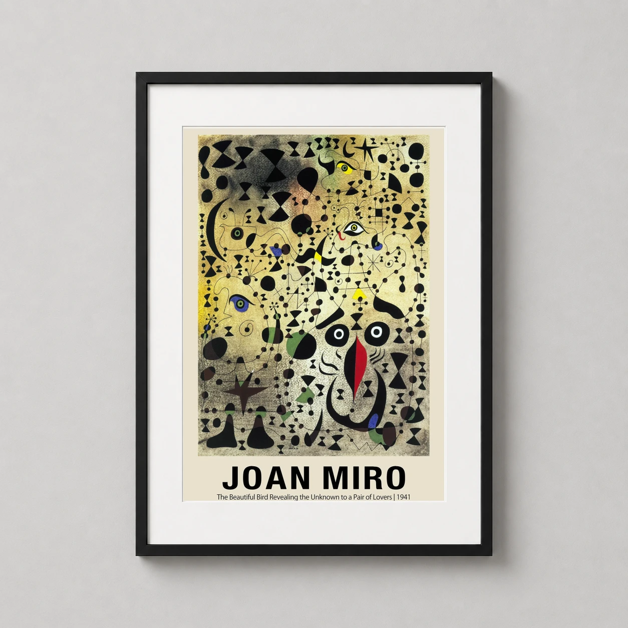 Room mockup of Joan Miro The Beautiful Bird Revealing the Unknown Art Print, displayed as framed wall art in a bedroom setting as a portrait print with yellow, grey, and black tones.