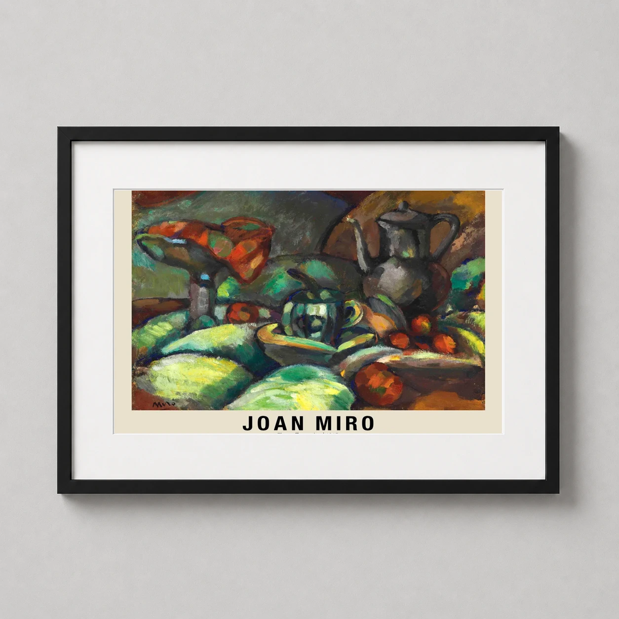 Room mockup of Joan Miro The Coffee Maker 1915 Abstract Expressionist Art Print, displayed as framed wall art in a living room setting as a landscape print with orange tones.