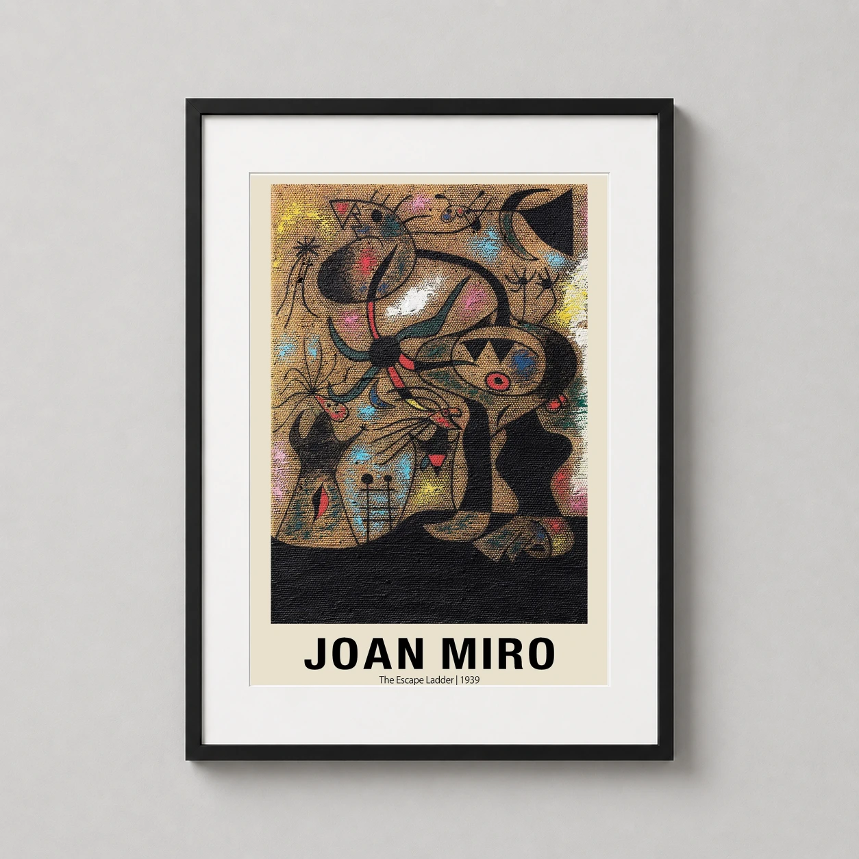Room mockup of Joan Miró The Escape Ladder Abstract Surrealist Art Print, displayed as framed wall art in a living room setting as a portrait print with blue, beige, and black tones.