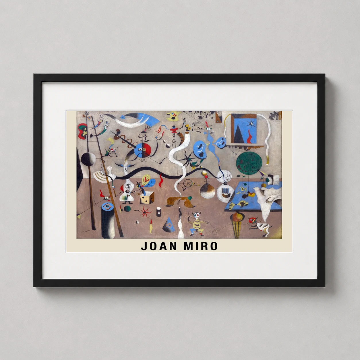 Room mockup of Joan Miro, The Harlequin's Carnival 1925 Surrealist Art Print, displayed as framed wall art in a living room setting as a landscape print.