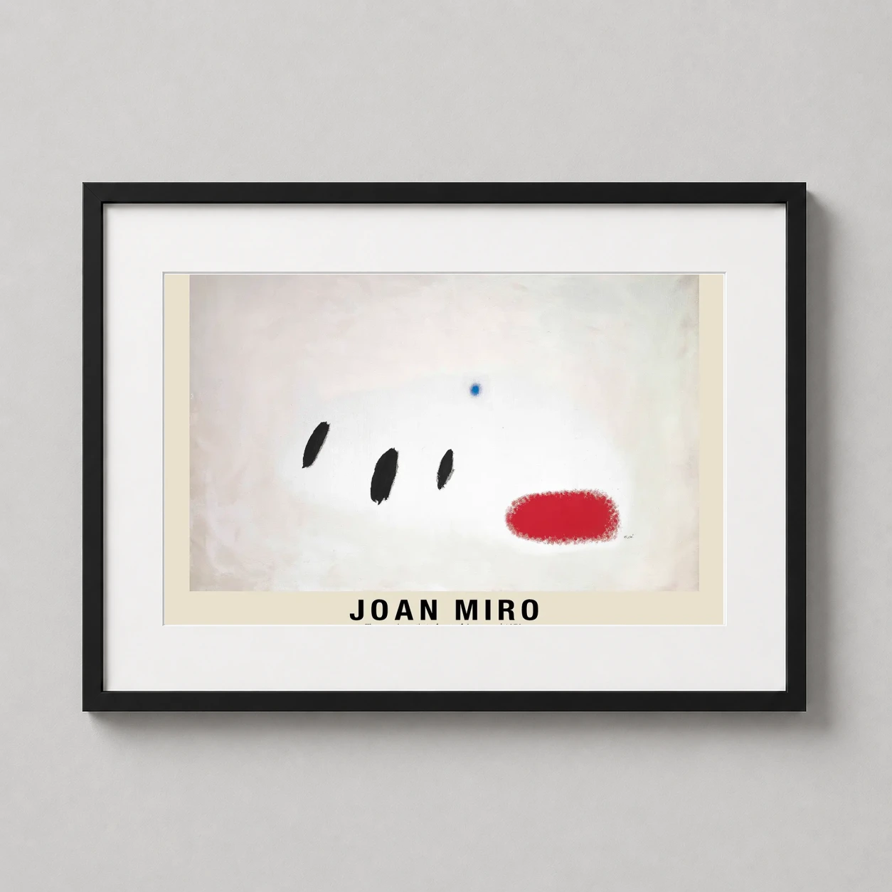 Room mockup of Joan Miro The Pearly Smile in Front of the Azure Exhibition Poster, displayed as framed wall art in a living room setting as a landscape print with blue, red, and black tones.