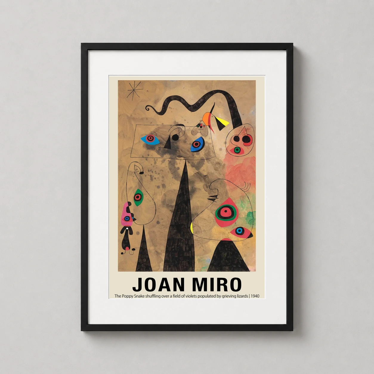 Room mockup of Joan Miro Poppy Snake 1940 Surrealist Exhibition Art Print, displayed as framed wall art in a living room setting as a portrait print.