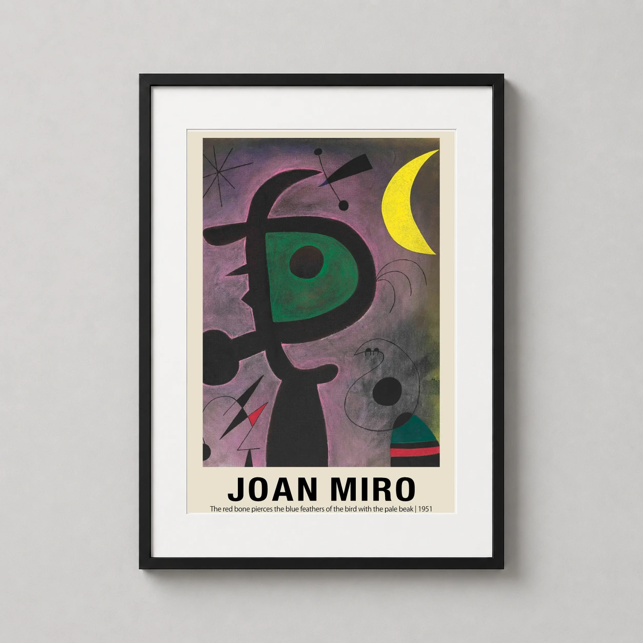 Room mockup of Joan Miró Red Bone Blue Feathers 1951 Surrealist Art Print, displayed as framed wall art in a living room setting as a portrait print with blue, green, and yellow tones.