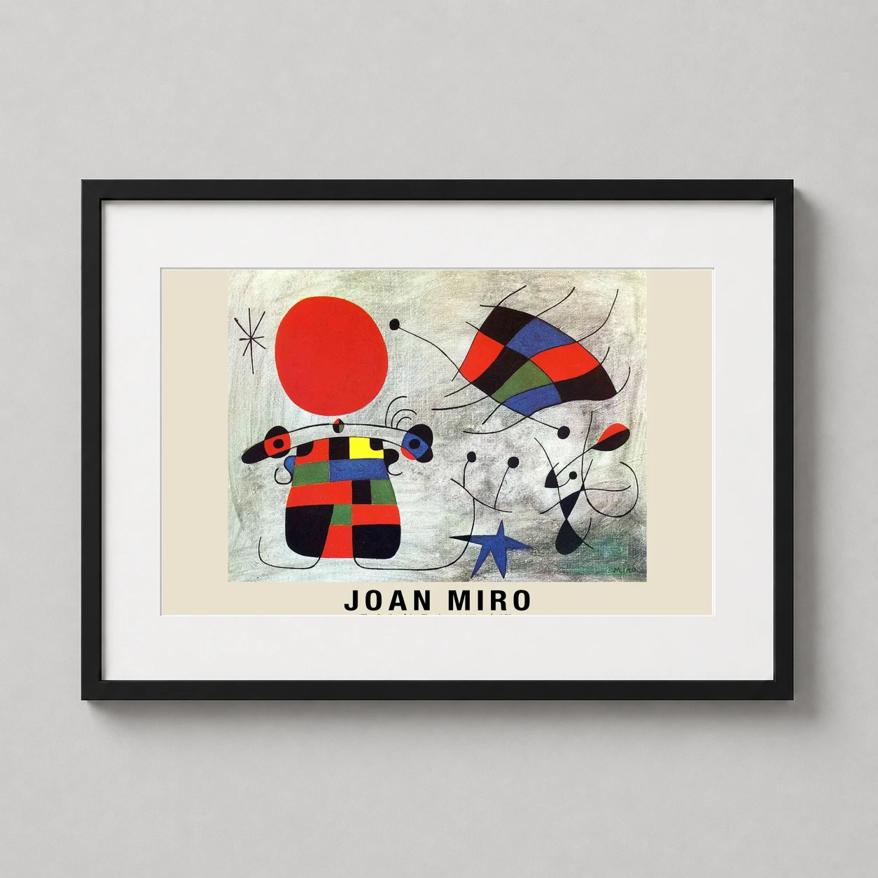 Room mockup of Joan Miró, The Smile of the Flamboyant Wings 1953 Art Print, displayed as framed wall art in a living room setting as a landscape print with blue, red, and grey tones.