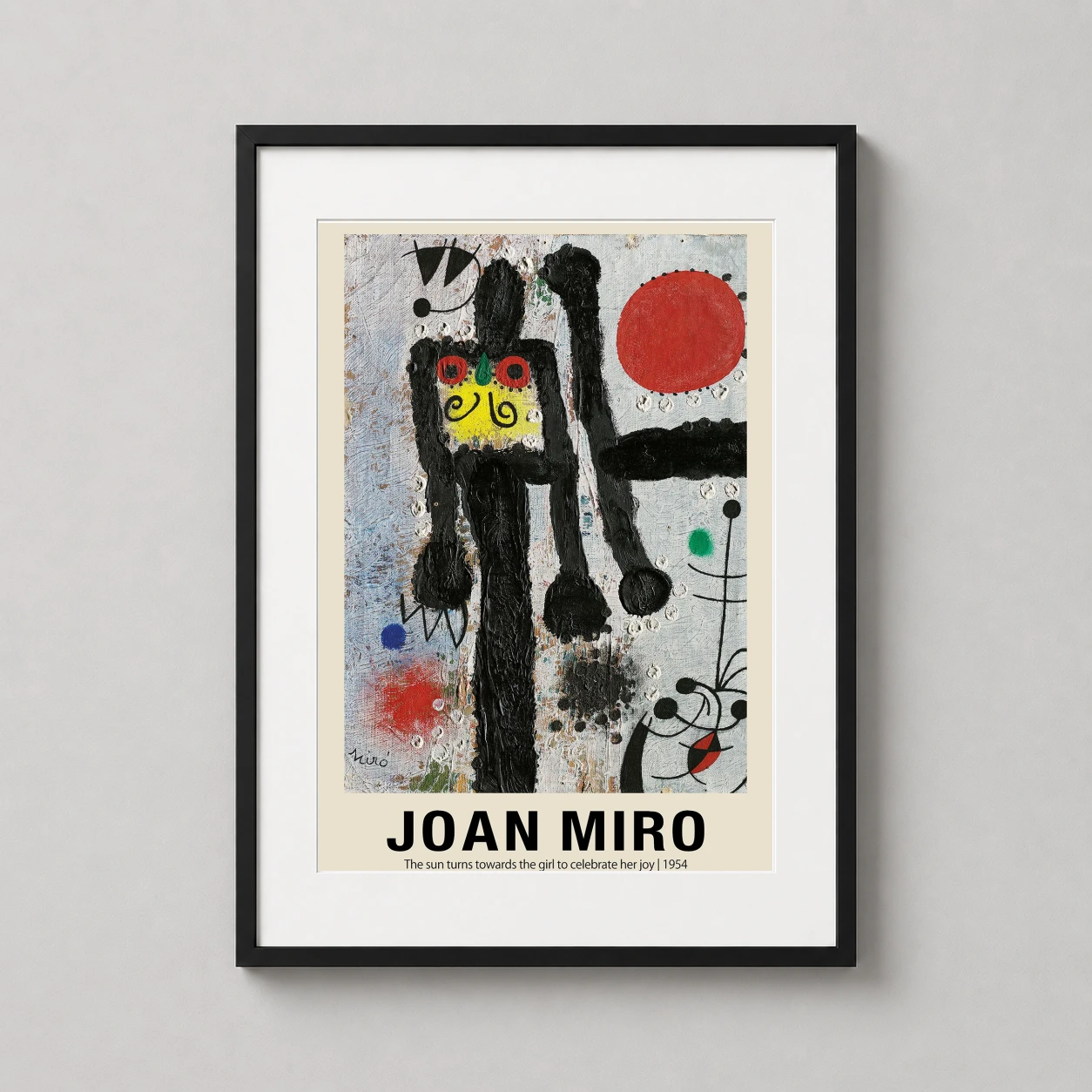 Room mockup of Joan Miro The Sun Turns Towards the Girl 1954 Abstract Art Print, displayed as framed wall art in a living room setting as a portrait print with blue, red, and black tones.