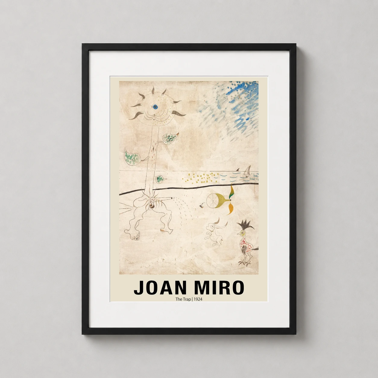 Room mockup of Joan Miro The Trap 1924 Surrealist Exhibition Art Print, displayed as framed wall art in a living room setting as a portrait print with yellow tones.