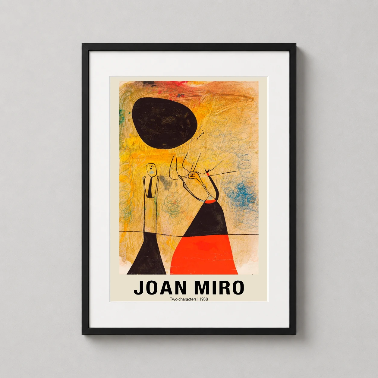 Room mockup of Joan Miró Two Characters 1938 Surrealist Abstract Art Print, displayed as framed wall art in a living room setting as a portrait print with yellow, orange, and red tones.