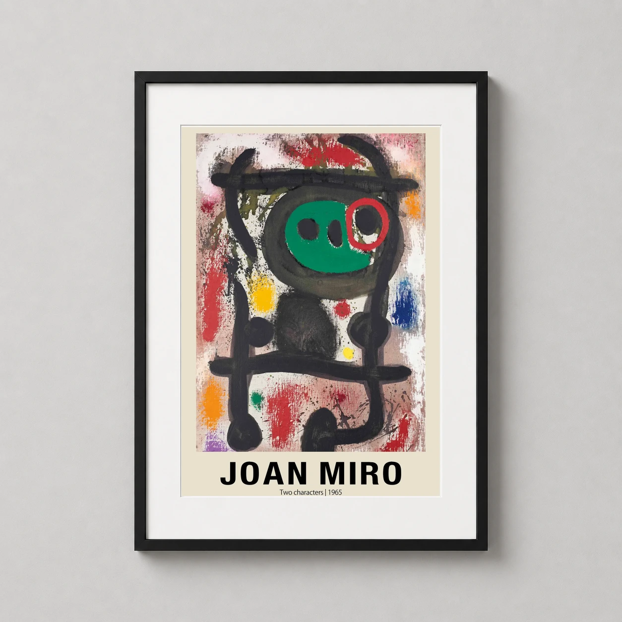 Room mockup of Joan Miro Two Characters 1965 Abstract Surrealist Art Print, displayed as framed wall art in a living room setting as a portrait print with green, yellow, and red tones.