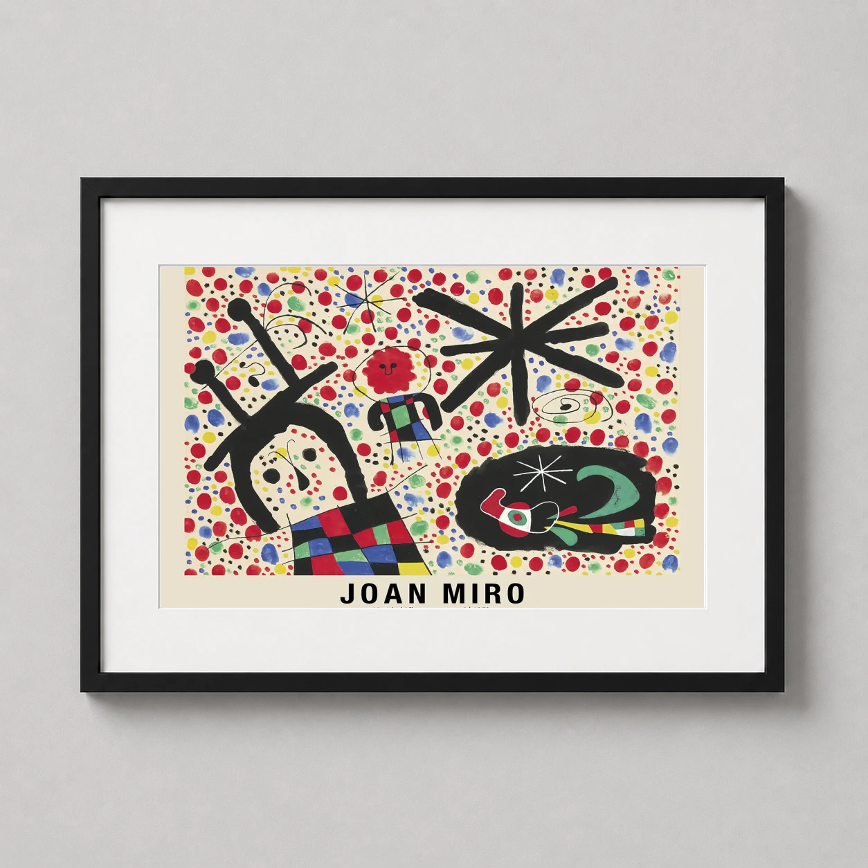Room mockup of Joan Miro Untitled Characters Stars 1953 Surrealist Art Print, displayed as framed wall art in a living room setting as a landscape print with blue and black tones.