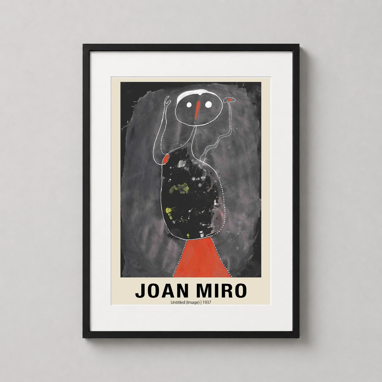 Room mockup of Joan Miro Untitled 1937 Surrealist Abstract Modern Art Print, displayed as framed wall art in a living room setting as a portrait print with red and white tones.