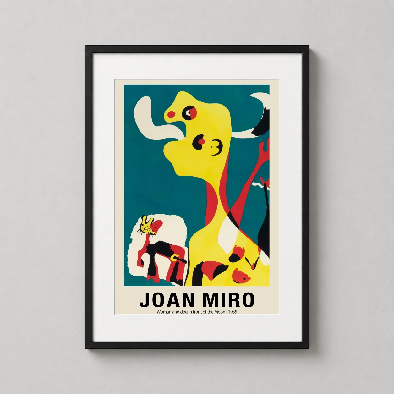 Room mockup of Joan Miro Woman and Dog in Front of the Moon 1935 Art Print, displayed as framed wall art in a bedroom setting as a portrait print with teal, yellow, and red tones.