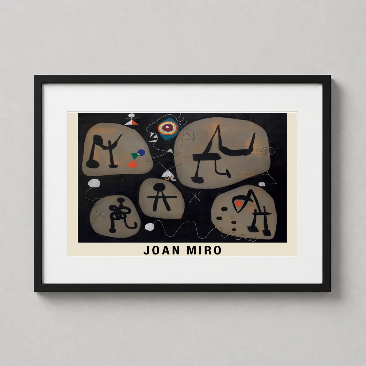 Room mockup of Joan Miro Woman Hearing Music 1945 Abstract Modern Art Print, displayed as framed wall art in a living room setting as a landscape print with blue and black tones.