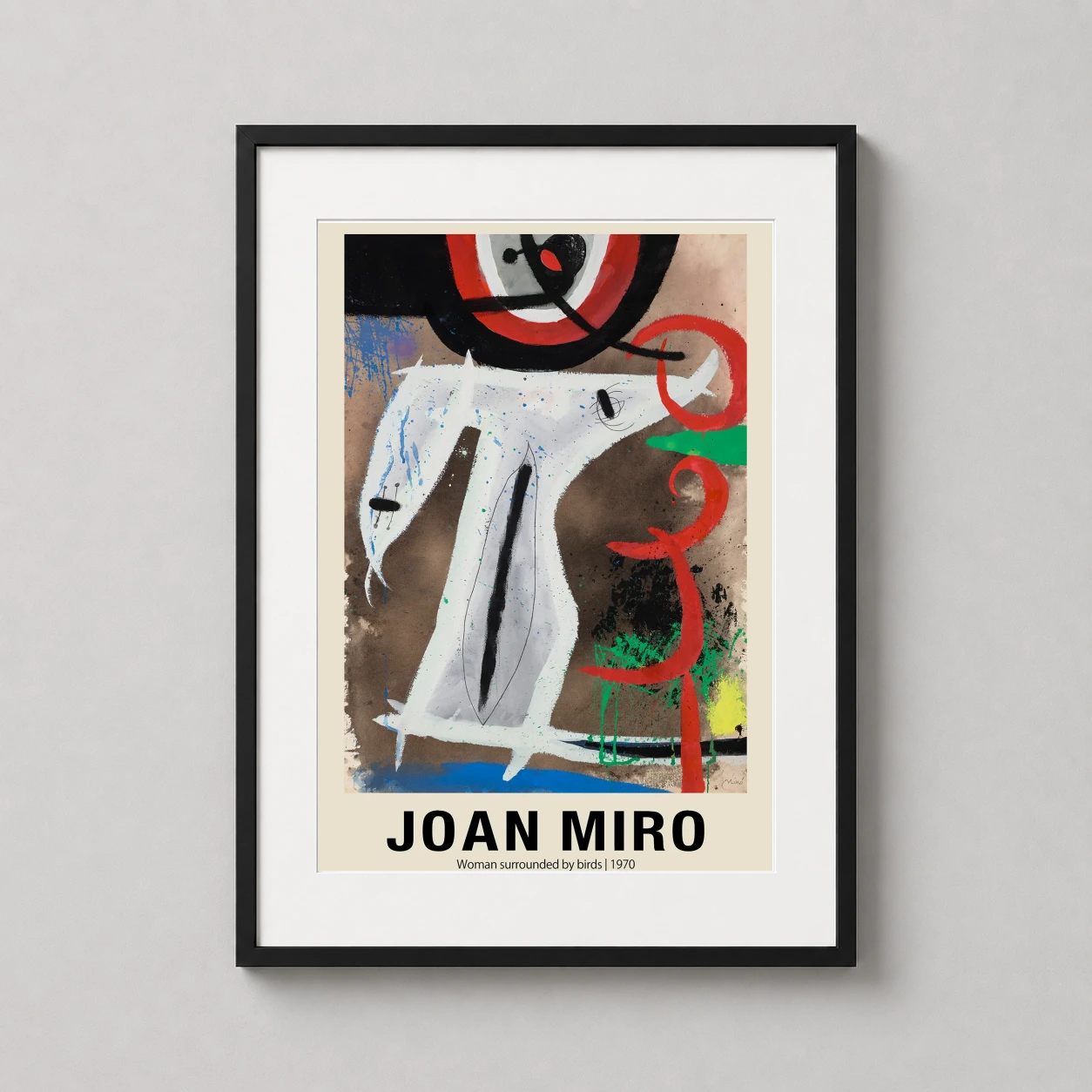 Room mockup of Joan Miró Woman Surrounded by Birds Abstract Exhibition Art Print, displayed as framed wall art in a bedroom setting as a portrait print with blue, red, and black tones.